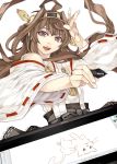  1girl ahoge brand_name_imitation brown_hair cat detached_sleeves double_bun drawing hair_ornament hairband japanese_clothes kantai_collection kongou_(kantai_collection) long_hair nontraditional_miko open_mouth personification raid_slash solo stylus tablet violet_eyes wacom 