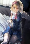  1girl alice_margatroid arm_support bed blonde_hair blush geppewi highres looking_at_viewer open_mouth short_hair sitting solo sweater_vest thighhighs touhou zettai_ryouiki 