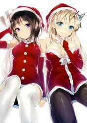  2girls absurdres bare_shoulders black_hair black_legwear blonde_hair blue_eyes boku_wa_tomodachi_ga_sukunai breasts breasts_apart bridal_gauntlets buriki butterfly_hair_ornament christmas cleavage detached_sleeves dress elbow_gloves gloves hair_ornament hat highres kashiwazaki_sena large_breasts long_hair mikazuki_yozora multiple_girls pantyhose red_dress red_gloves sack santa_costume santa_hat scan short_hair simple_background sitting sleeves_past_wrists smile thighhighs v violet_eyes white_background white_legwear 