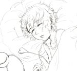  1girl blanket from_above hands komeiji_satori lips lying messy_hair monochrome on_side pajamas pillow short_hair simple_background sleeping solo third_eye touhou uruo white_background 