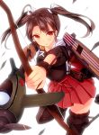  1girl aiming airplane arrow azure_(capriccio) blush boots bow_(weapon) hair_ribbon japanese_clothes kantai_collection muneate open_mouth personification red_eyes ribbon skirt solo thigh_boots thighhighs twintails weapon zuikaku_(kantai_collection) 