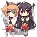  2girls :&lt; anchor ayase_hazuki black_hair brown_hair chain chibi gloves green_eyes hairband kantai_collection looking_at_viewer lowres multiple_girls mutsu_(kantai_collection) nagato_(kantai_collection) personification red_eyes sitting smile thighhighs 