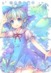  1girl blue_dress blue_eyes blue_hair bow cirno dress hair_bow ice ice_wings looking_at_viewer open_mouth pjrmhm_coa puffy_sleeves shirt solo touhou wings 