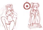  1girl bikini blush bouncing_breasts breasts collage double_bun dunk_tank falling highres knees_on_chest long_hair mei_(pokemon) monochrome pan!ies sketch swimsuit target twintails visor_cap wet 