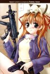  1girl black_eyes blush brown_hair cat goggles gun highres kanon piro sawatari_makoto smile solo weapon 