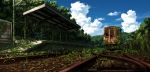  clouds fence grass highres landscape no_humans original plant railroad_tracks ruins sakais3211 scenery sky train train_station 