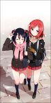  2girls ^_^ bag black_hair blush bow closed_eyes gloves hair_bow kneehighs love_live!_school_idol_project multiple_girls nishikino_maki ohayohayo redhead scarf school_bag school_uniform skirt smile snow twintails violet_eyes yazawa_nico 