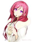  1girl buttons coat coffee cup fur_collar fur_trim hair_over_shoulder holding_cup iced_coffee lips looking_at_viewer original parted_lips pink_hair plastic_cup poaro sipping solo straw twitter_username upper_body violet_eyes 