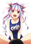  1girl ahoge blue_hair highres i-19_(kantai_collection) kantai_collection long_hair name_tag personification red_eyes school_swimsuit solo suzumeko swimsuit twintails 
