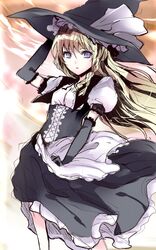  1girl apron atoshi blonde_hair blue_eyes bow braid hand_on_hat hat hat_ribbon kirisame_marisa long_hair looking_at_viewer puffy_sleeves ribbon short_sleeves single_braid solo touhou witch_hat 