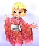  1girl alternate_costume blonde_hair cherry_blossoms fang floral_print gradient gradient_background hair_ribbon japanese_clothes kimono kyokutou_hentai_samurai looking_at_viewer obi open_mouth outstretched_arms red_eyes ribbon rumia short_hair solo spread_arms touhou 