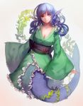  1girl blue_eyes breasts cleavage collarbone head_fins hoshimawa japanese_clothes kimono large_breasts long_hair looking_at_viewer mermaid monster_girl obi smile solo touhou vines wakasagihime wide_sleeves 