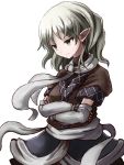  1girl arm_warmers blonde_hair crossed_arms facing_away green_eyes juuki_taira layered_dress light_frown looking_down mizuhashi_parsee pointy_ears scarf short_hair short_sleeves simple_background solo touhou white_background 