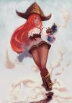  1girl bare_shoulders beckbook blue_eyes boots breasts cleavage gun hat hips league_of_legends long_hair navel pistol redhead sarah_fortune solo weapon 