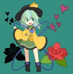  1girl flower green_background green_eyes green_hair hat heart highres komeiji_koishi nosada open_mouth ribbon short_hair third_eye touhou 