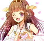  1girl ;p bare_shoulders blush brown_hair detached_sleeves double_bun fan hair_ornament hairband headgear heart heart_hands japanese_clothes kantai_collection kongou_(kantai_collection) long_hair nontraditional_miko open_mouth personification portrait smile solo tongue violet_eyes wink youshuu 
