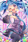  1girl blue_hair detached_sleeves hatsune_miku headset heart heart-shaped_pupils long_hair necktie open_mouth see-through skirt solo symbol-shaped_pupils thighhighs twintails urara_(sumairuclover) violet_eyes vocaloid wink 