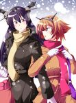  2girls arm_hug black_hair brown_hair contemporary gloves green_eyes hairband highres jacket kantai_collection multiple_girls mutsu_(kantai_collection) nagato_(kantai_collection) open_mouth personification pointing red_eyes scarf shangorilla snowing 