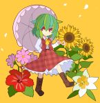  1girl boots flower green_hair highres kazami_yuuka nosada petals red_eyes short_hair skirt skirt_set sunflower touhou umbrella 