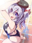  1girl ass blue_eyes competition_swimsuit from_above from_behind hat kantai_collection kashima_(kantai_collection) long_hair miuku_(marine_sapphire) one-piece_swimsuit silver_hair swimsuit twintails 