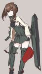  1girl bike_shorts bow_(weapon) brown_hair crossbow flat_chest headgear kantai_collection looking_at_viewer mikoto_(oi_plus) open_mouth personification pleated_skirt rough short_hair simple_background skirt smile solo taihou_(kantai_collection) thighhighs weapon yellow_eyes zettai_ryouiki 