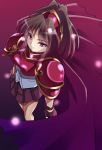  1girl alice360 armor armored_dress brown_hair cape doppelganger_arle from_above gloves half_updo madou_monogatari purple_background puyopuyo red_eyes short_hair skirt smile solo 