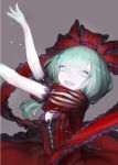  1girl aqua_eyes aqua_hair bangs blunt_bangs corset dress hair_ribbon kagiyama_hina open_mouth outstretched_arms pale_skin puffy_short_sleeves puffy_sleeves purple_background red_dress ribbon short_sleeves simple_background solo thupoppo touhou vertical_stripes 