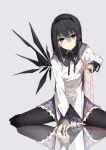  1girl 7zu7 akemi_homura black_hair hairband long_hair looking_at_viewer mahou_shoujo_madoka_magica reflection sitting sitting_on_person skirt solo violet_eyes wings 