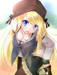  1girl blonde_hair blue_eyes blush breasts chloe_lemaire girlfriend_(kari) hat highres jewelry kochipu long_hair looking_at_viewer necklace open_mouth smile solo 