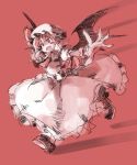  1girl azuki-taste bat_wings calligraphy_pen_(medium) dress fang hat hat_ribbon highres marker_(medium) mob_cap open_mouth outstretched_arms pink_dress pink_hair puffy_sleeves red_background remilia_scarlet ribbon running short_sleeves smile solo touhou traditional_media wings 