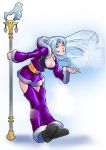  1girl belt blown_kiss blue_eyes boots breasts chaps cleavage defense_of_the_ancients dota_2 forehead_jewel fur_trim fusion g138 hood_down ice king_of_fighters kula_diamond long_hair rylai_crestfall silver_hair solo staff wink 