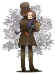  2boys 44 :o ahoge alfendi_layton alternate_costume alternate_eye_color alternate_hairstyle bangs black_eyes blush child father_and_son from_behind hand_on_another&#039;s_shoulder hat hershel_layton long_sleeves male multiple_boys open_mouth pants parted_bangs professor_layton sleeves_past_wrists stuffed_animal stuffed_toy teddy_bear top_hat wavy_hair white_background younger 