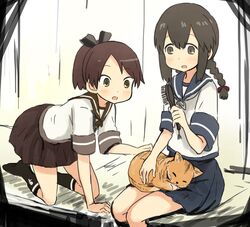  abe_kanari black_eyes black_hair blush braid brown_hair brush cat hair_ribbon isonami_(kantai_collection) kantai_collection kneehighs kneeling long_hair payot ribbon school_uniform serafuku shikinami_(kantai_collection) sitting skirt 