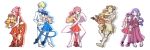  armor black_hair black_legwear blonde_hair blue_eyes carnet_(pokemon) chef_uniform closed_eyes dracaena_(pokemon) elite_four gampi_(pokemon) glomp hat highres holding_hands hug kessyo long_hair midriff pachira_(pokemon) pink_hair pleated_skirt pokemon pokemon_(game) pokemon_xy porkpie_hat purple_hair red_eyes serena_(pokemon) short_hair skirt smile sunglasses sunglasses_on_head thighhighs wink zumi_(pokemon) 