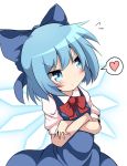  1girl blue_eyes blue_hair blush bow cirno crossed_arms do_(4-rt) dress hair_bow heart highres short_hair solo touhou wings 