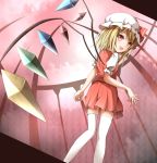  1girl blonde_hair bow flandre_scarlet hat hat_bow kuroganeruto looking_back red_eyes solo thighhighs touhou white_legwear wings 
