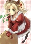  1girl antlers apron bell blonde_hair bow christmas dress fire_emblem fire_emblem:_kakusei green_eyes hair_bell hair_bow hair_ornament highres liz_(fire_emblem) mittens nintendo pantyhose plaid plaid_background sack santa_costume serge_komiko short_twintails twintails 