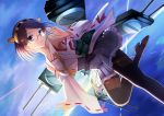  1girl adjusting_glasses bare_shoulders black_hair blue_eyes blush boots breasts cannon clouds detached_sleeves glasses hairband japanese_clothes kantai_collection kirishima_(kantai_collection) ocean pantyhose personification short_hair sitakiritubame skirt sky sunrise thigh_boots thighhighs turret water 