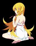  1girl absurdres back barefoot blonde_hair blush_stickers dress from_behind highres long_hair looking_back monogatari_(series) official_art oshino_shinobu ribbon scan sitting solo strap_slip sundress tying_hair very_long_hair wariza watanabe_akio yellow_eyes 