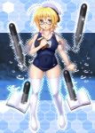  1girl ayato blonde_hair book breasts bubble full_body glasses green_eyes hat highres i-8_(kantai_collection) kantai_collection long_hair one-piece_swimsuit open_mouth personification school_swimsuit solo swimsuit thighhighs torpedo twintails white_legwear 