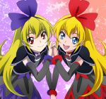  blonde_hair blue_eyes blue_ribbon bow dokidoki!_precure dual_persona gradient gradient_background hair_bow holding_hands long_hair looking_at_viewer masako_(sabotage-mode) multicolored_background precure red_eyes red_ribbon regina_(dokidoki!_precure) ribbon smile star starry_background symmetrical_hand_pose symmetry 