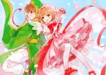  1boy 1girl brown_eyes brown_hair cardcaptor_sakura dress fuuin_no_tsue green_eyes hat kinomoto_sakura li_xiaolang magical_girl momose_(oqo) short_hair sword thighhighs weapon wings 