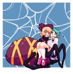  2girls antennae blonde_hair bow carrying freckles green_eyes green_hair hair_bow highres kneehighs kurodani_yamame kurodani_yamame_(spider) multiple_girls princess_carry red_eyes smirk spider spider_web sunder tied_up touhou white_legwear wriggle_nightbug 