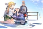  1girl blonde_hair green_eyes jin_young-in kneeling low_twintails motor_vehicle open_mouth original scooter see-through skirt sky sleeves_rolled_up solo sponge stuffed_animal stuffed_toy teddy_bear tire twintails vehicle washing water wet wet_clothes wet_shirt 