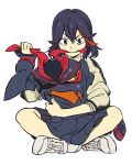  1girl biting_clothes black_hair blush indian_style kill_la_kill living_clothes matoi_ryuuko mizuiroregent multicolored_hair senketsu shoes short_hair sitting sneakers streaked_hair sweat 