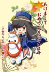  1girl 2014 blue_dress blue_eyes brown_hair chibi dei_shirou dress fan folding_fan glasses happy_new_year hat horse long_hair looking_at_viewer mecha_musume minerva_(spacecraft) open_mouth original sitting smile solo translated waving 