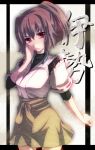  brown_eyes brown_hair hand_on_own_face highres ise_(kantai_collection) japanese_clothes kantai_collection looking_at_viewer natsu_(anta_tte_hitoha) open_mouth personification ponytail short_hair solo 