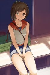  1girl bare_shoulders blush brown_eyes brown_hair i-401_(kantai_collection) kantai_collection looking_at_viewer nekoume one-piece_swimsuit open_mouth personification ponytail sailor_collar school_swimsuit short_hair short_ponytail sitting sketch smile solo swimsuit 