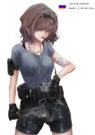  1girl adjustable_wrench bandages battlefield_(series) battlefield_4 brown_hair cigar gloves gun handgun headband highres jewelry machete mp443 necklace operator russian russian_flag short_hair shorts simple_background solo terabyte_(rook777) watch weapon white_background wrench 