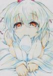  1girl animal_ears bare_shoulders blush breasts colored_pencil_(medium) detached_sleeves hat highres inubashiri_momiji kitazinger large_breasts red_eyes short_hair solo tokin_hat touhou traditional_media white_hair wolf_ears 